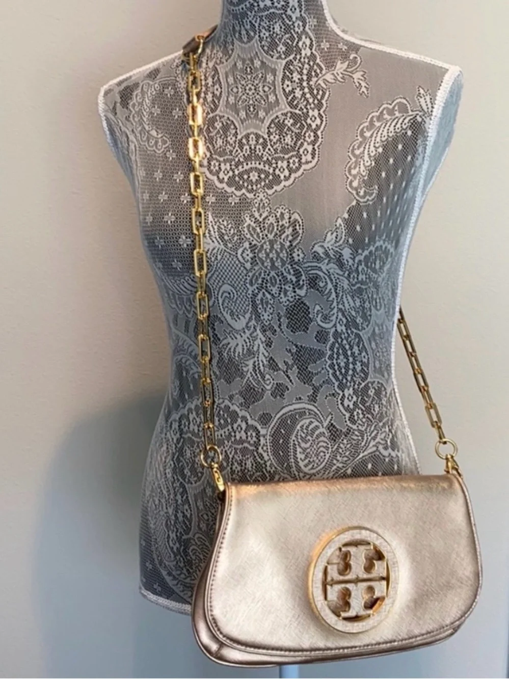 Tory Burch Vintage Metallic Gold Crossbody with Logo Medallion